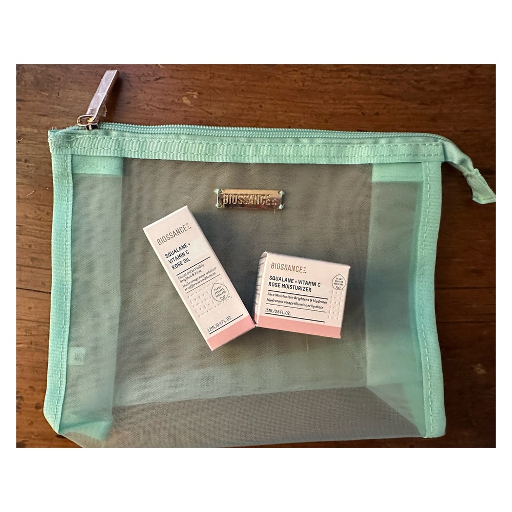 BIOSSANCE Travel Sized Rose Moisturizer and Oil With Beauty Bag